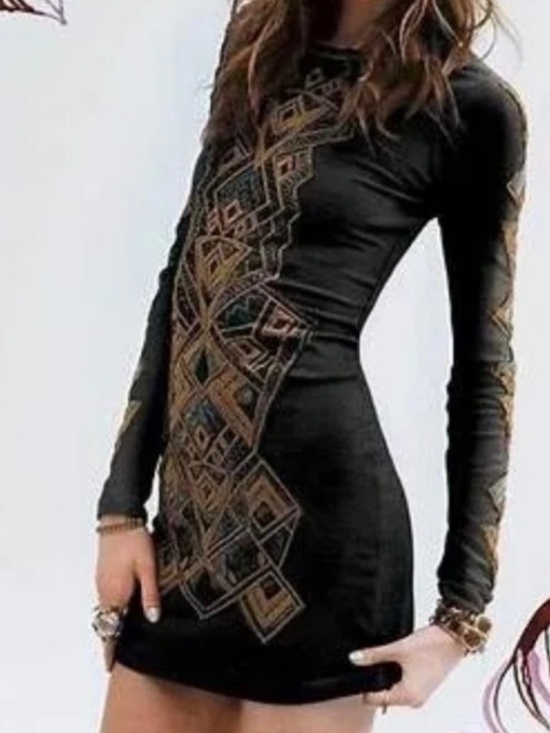 Free People Dresses & Skirts - Free People Art Deco geometric Aztec embroidered bodycon long sleeve mini dres S